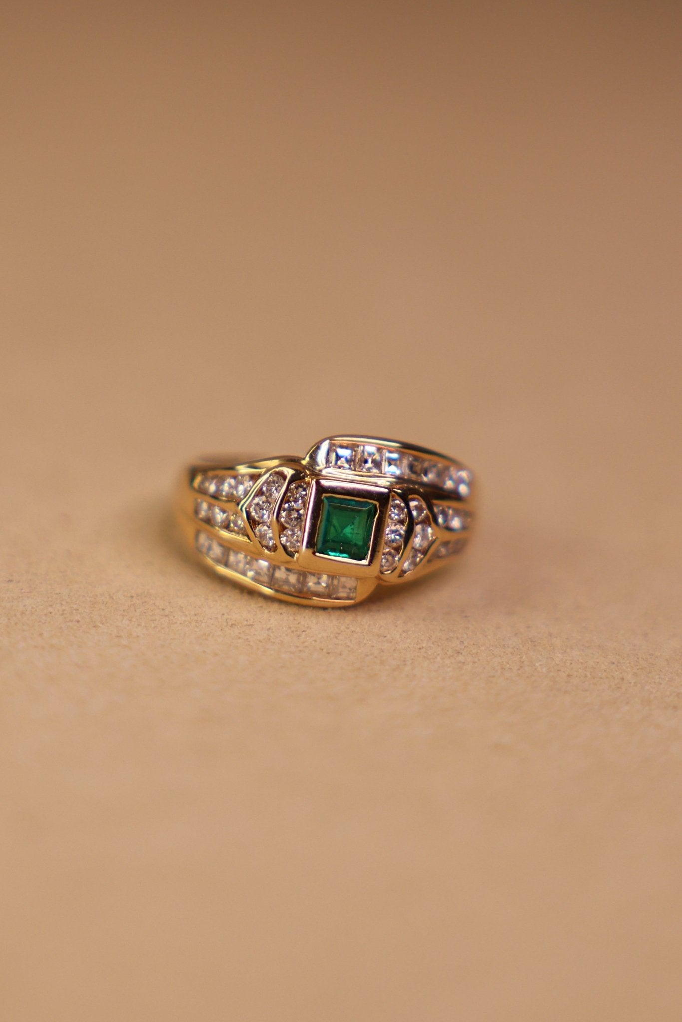 New Vintage Emerald Diamond Mixed Gold Ring - SIA Jewelry