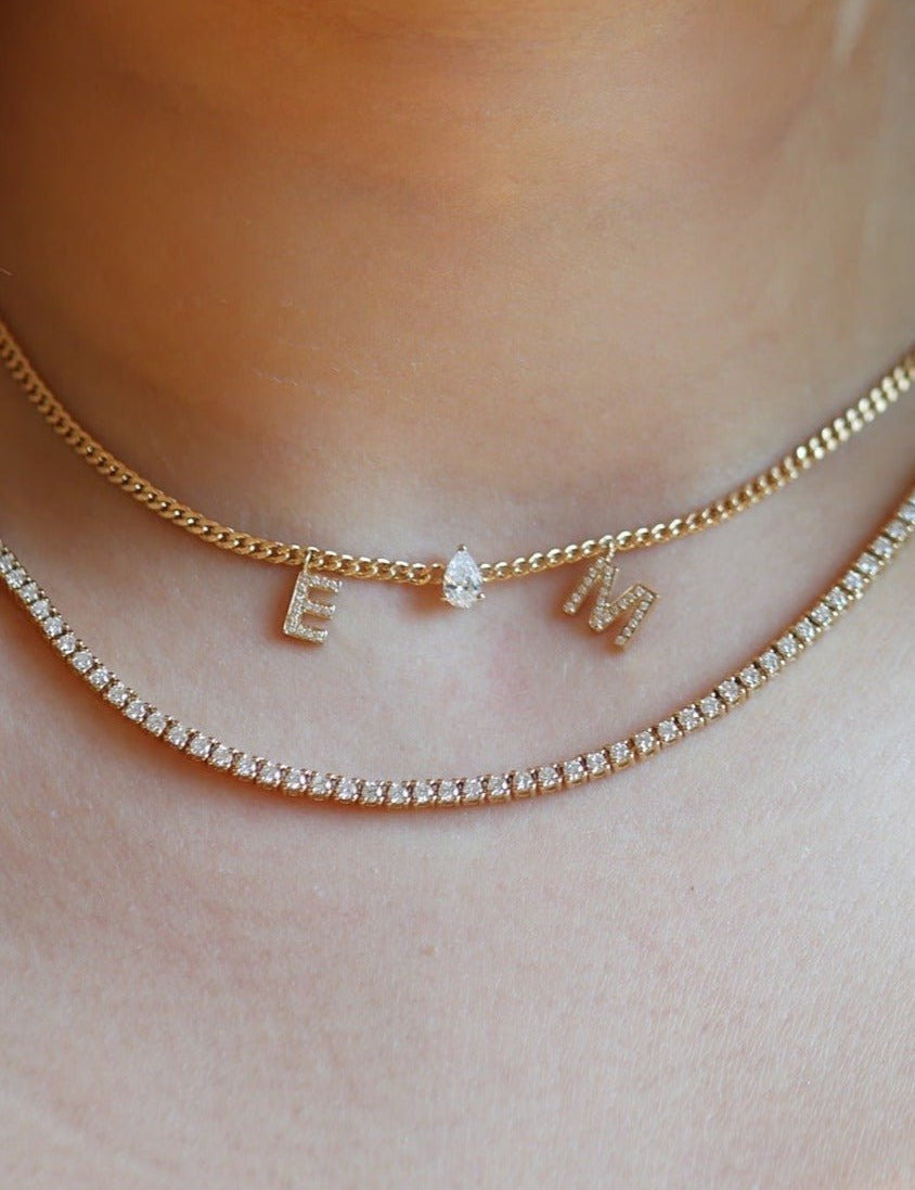 Pear Diamond Chain with Two Diamond Initials Necklace - SIA Jewelry
